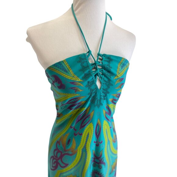 Kitty Printed Halter Dress Green Size L Y2K Retro Club Glam Night Out Party Boho - Picture 7 of 13